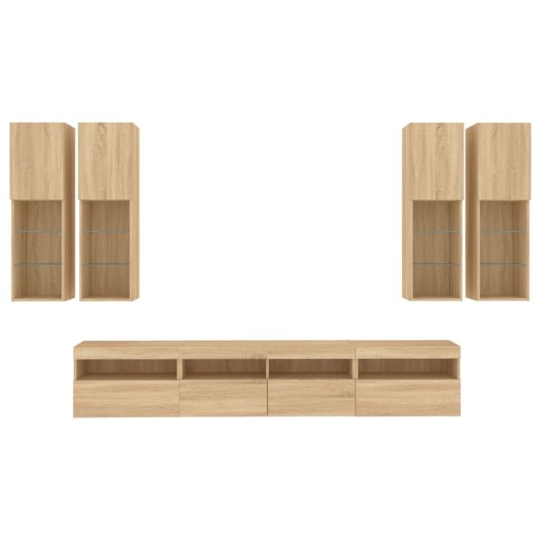 Комплект ТВ стенни шкафове, 7 части, с LED светлини, сонома дъб