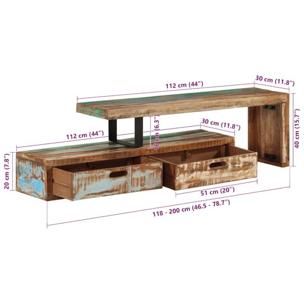 ТВ шкаф (118-200) x 30 x 40 см, масивна регенерирана дървесина