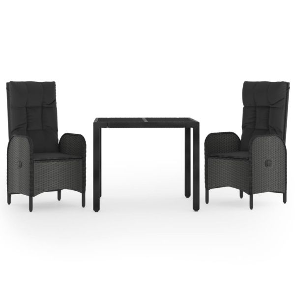 Градински комплект от 3 части с възглавници черни полиратан