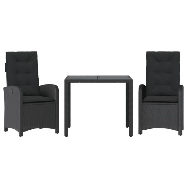 Градински комплект от 3 части с възглавници черни полиратан