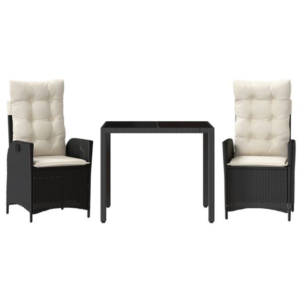 Градински комплект от 3 части с възглавници черни полиратан