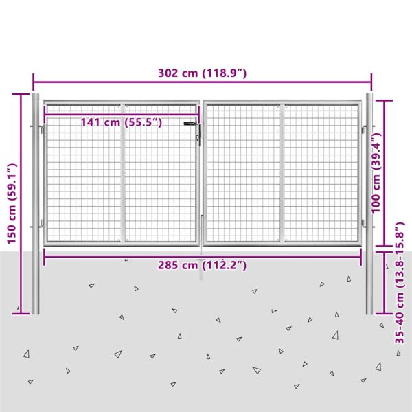Градинска порта, поцинкована стомана, 300x100 см, сребриста