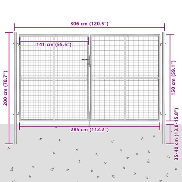 Градинска врата, поцинкована стомана, 306x200 см, сребриста