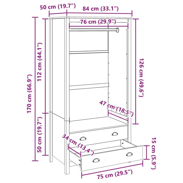 Гардероб с чекмедже Меден кафяв 84 x 50 x 170 см Солиден бор