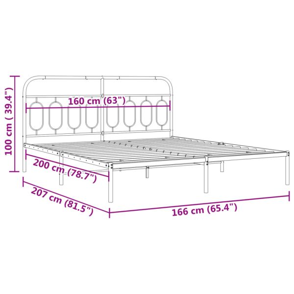 Метална рамка за легло с горна табла, бяла, 160x200 см