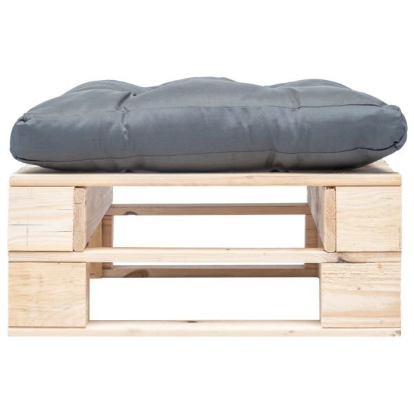 Градинска палетна табуретка, сива възглавница, естествено дърво