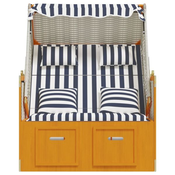 Strandkorb с възглавници, полиратан и дърво масив, бяло и синьо