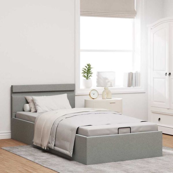 Легло с повдигащ механизъм и LED светлосиво текстил 100x200 см