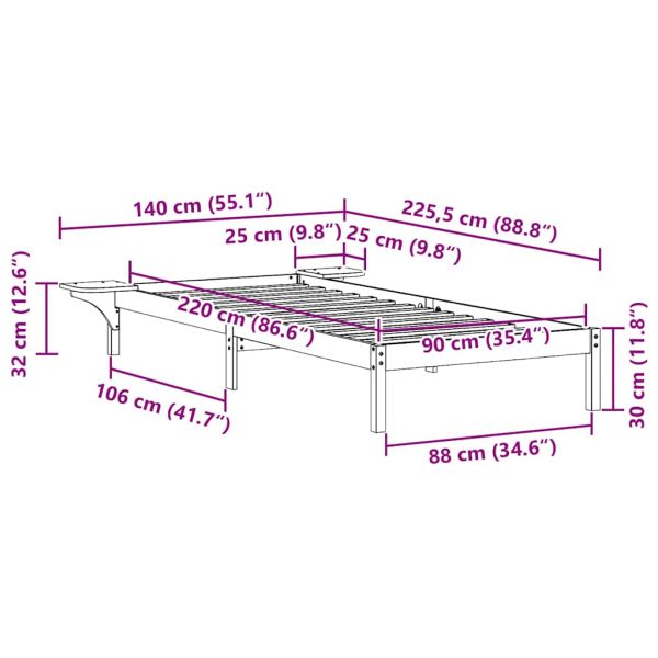 Легло с нощни шкафчета Бяло 90 x 220 cm Солидно борово дърво