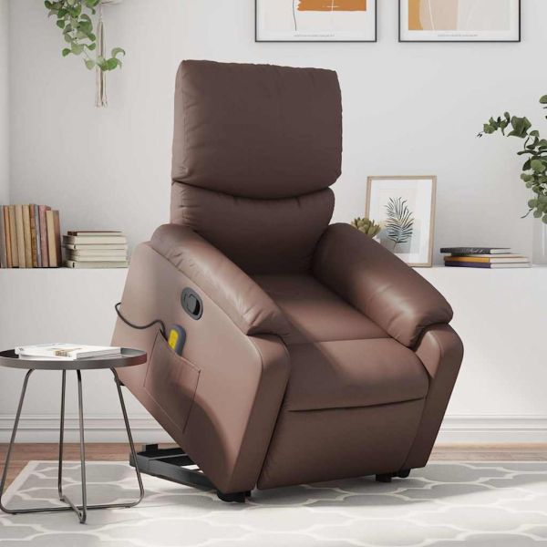 Изправящ масажен реклайнер стол, кафяв, изкуствена кожа
