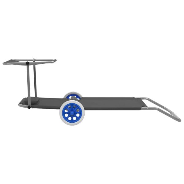 Сгъваем шезлонг с козирка и колелца, стомана, сив