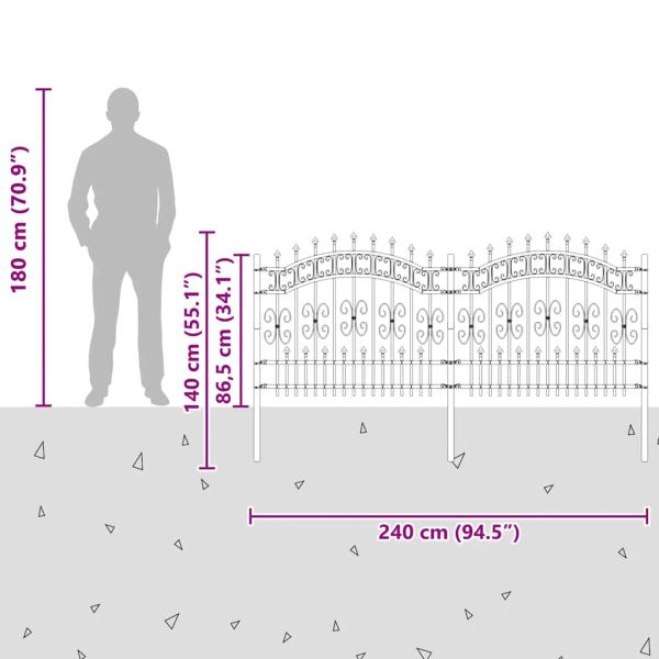 Градинска ограда Kampen с връх тип копие, черна, 240x100 см, стомана