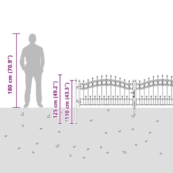 Оградна порта с капак тип „копие“, черна, 302x78 см, прахово боядисана стомана