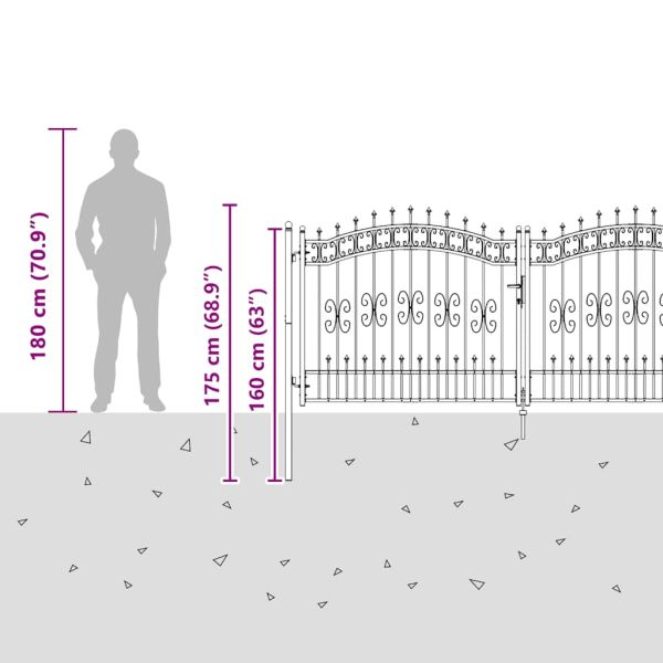 Оградна порта с капак тип „копие“, черна, 302x125 см, прахово боядисана стомана