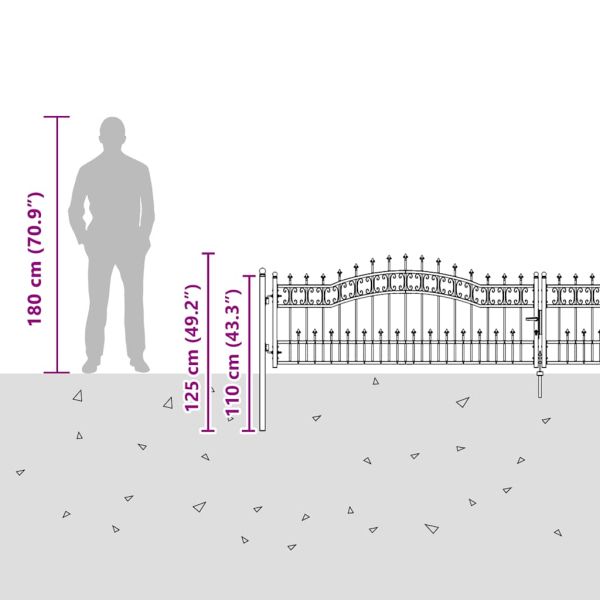 Оградна порта с капак тип „копие“, черна, 394,5x78 см, прахово боядисана стомана