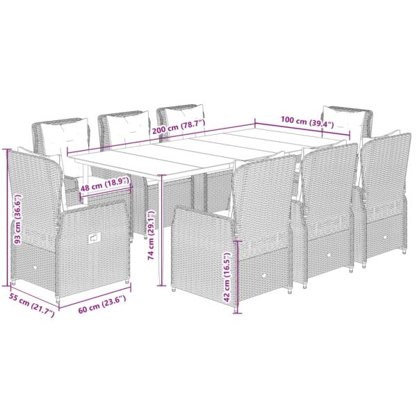 Градински комплект с възглавници, 9 части, бежов полиратан