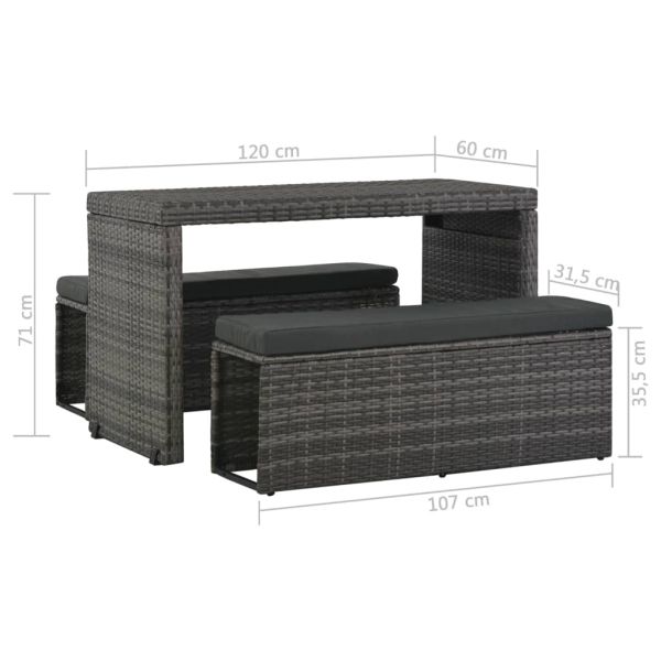 Градински комплект с възглавници, 3 части, полиратан, сив