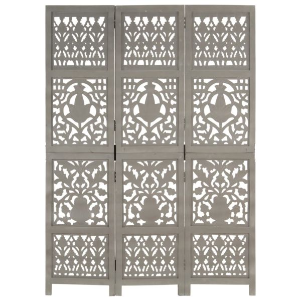 Ръчно резбован параван, 3 панела, сив, 120x165 cм, манго масив