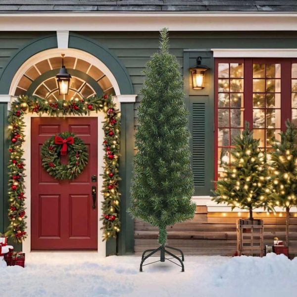 Тънка изкуствена коледна елха със стойка, зелена, 210 см, PVC