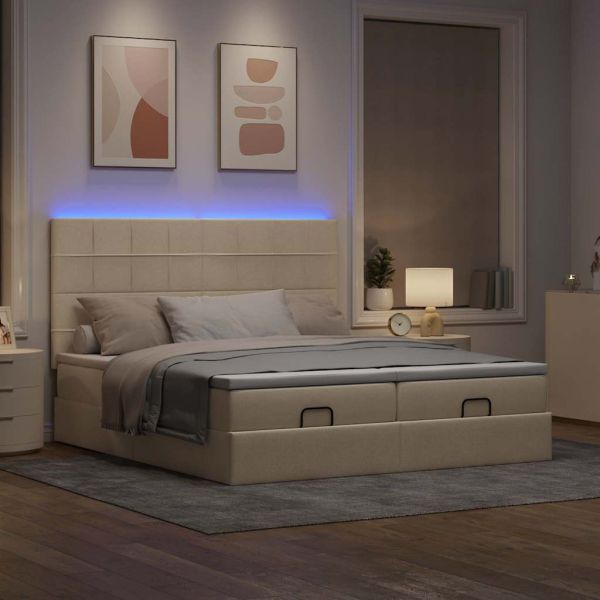 Османска легло с матрак и LED, кремаво, 200x200 см, плат