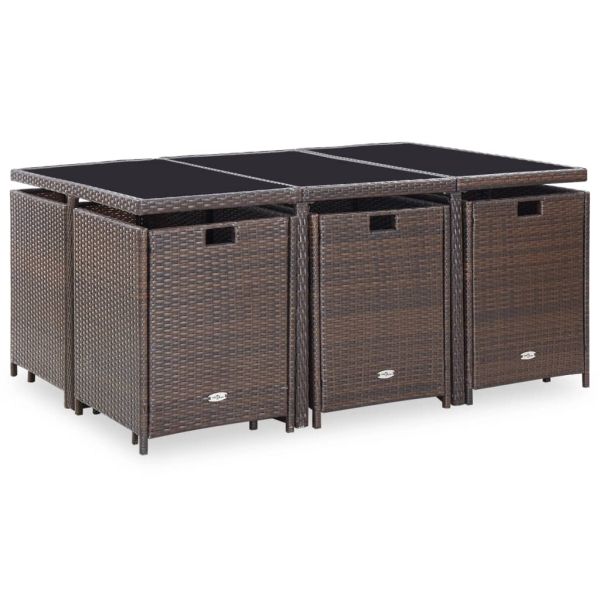 Градински комплект с възглавници, 11 части, кафяв полиратан