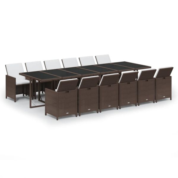 Градински комплект с възглавници, 13 части, полиратан, кафяв