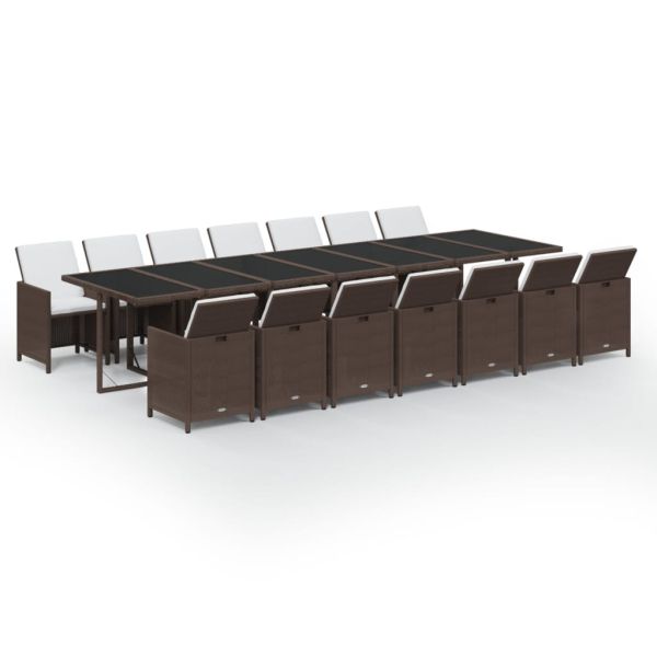 Градински комплект с възглавници, 15 части, полиратан, кафяв