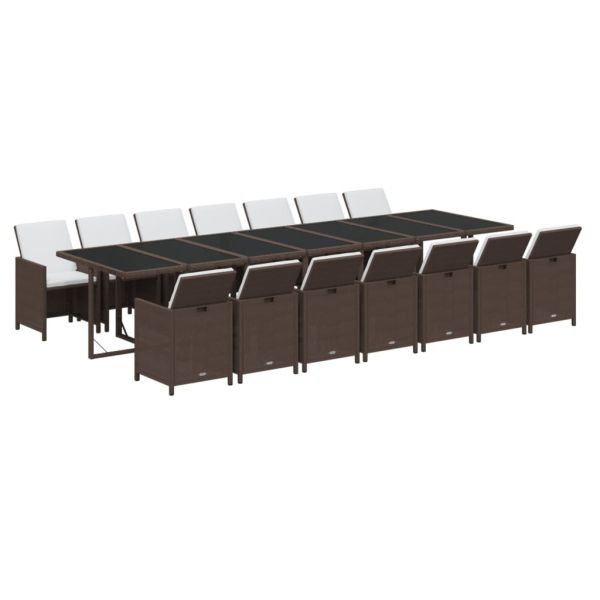 Градински комплект с възглавници, 15 части, полиратан, кафяв