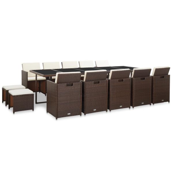 Градински комплект с възглавници, 15 части, кафяв полиратан