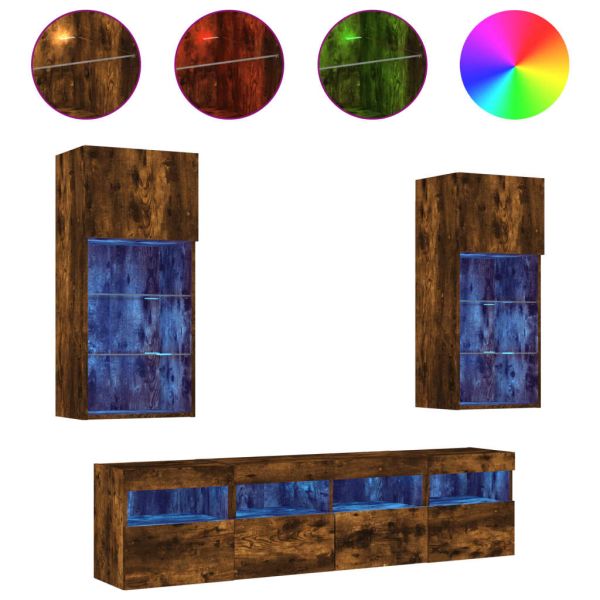 ТВ стенни модули с LED, 5 части, опушен дъб, инженерно дърво