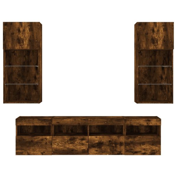 ТВ стенни модули с LED, 5 части, опушен дъб, инженерно дърво