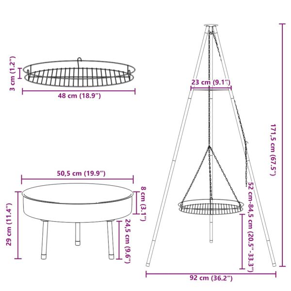Трипод за лагерен огън 3 pcs Черно Стомана
