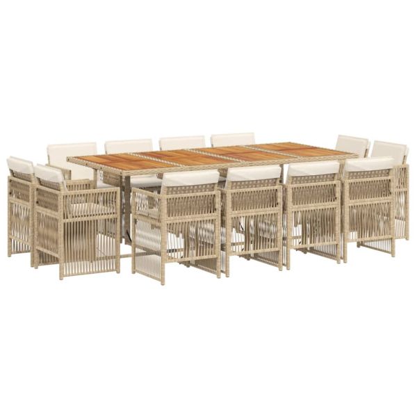 Градински комплект с възглавници, 13 части, бежов полиратан