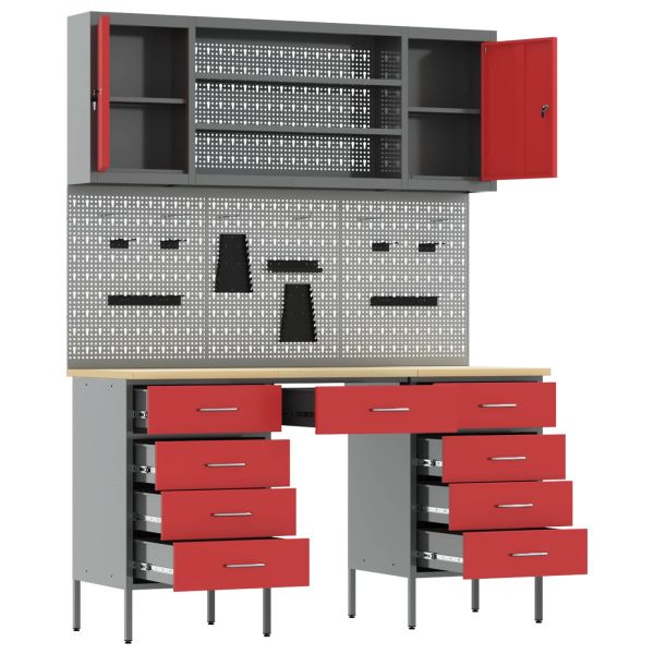 Работен кабинет 8 pcs Червено Инженерна дървесина и стомана