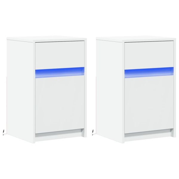 Нощни шкафчета с LED, 2 бр, бяло, инженерна дървесина
