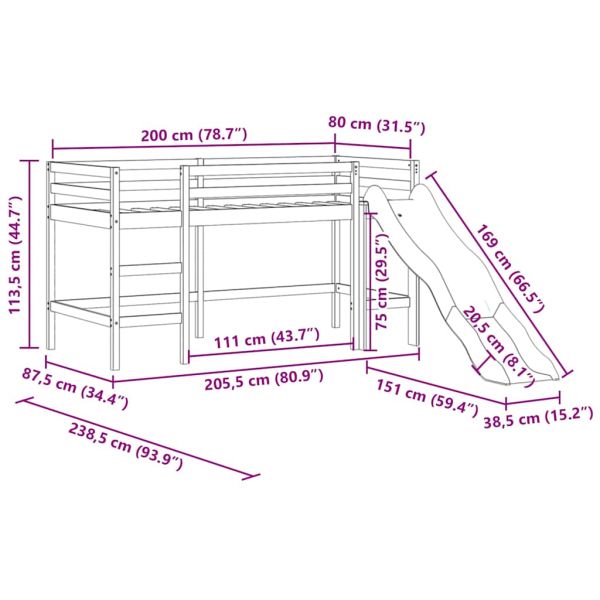 Детско високо легло с пързалка, черно, 80x200 см, бор масив