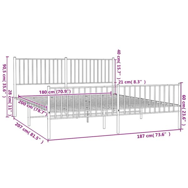 Метална рамка за легло, без матрак, с табли, черна, 180x200 см