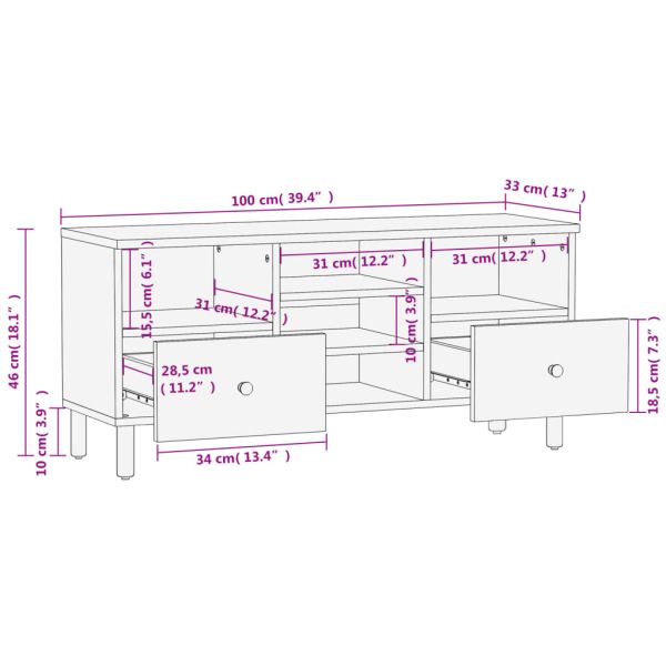 ТВ шкаф, черен, 100x33x46 см, мангово дърво масив
