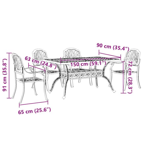 Градински трапезен комплект, 5 части, зелен, алуминий