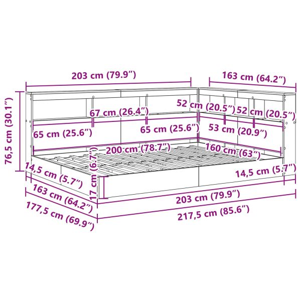 Легло с библиотека Бетонно сиво 160 x 200 cm Инженерно дърво