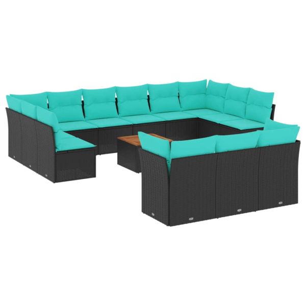 Градински диван с възглавници, 14 части, черен, полиратан