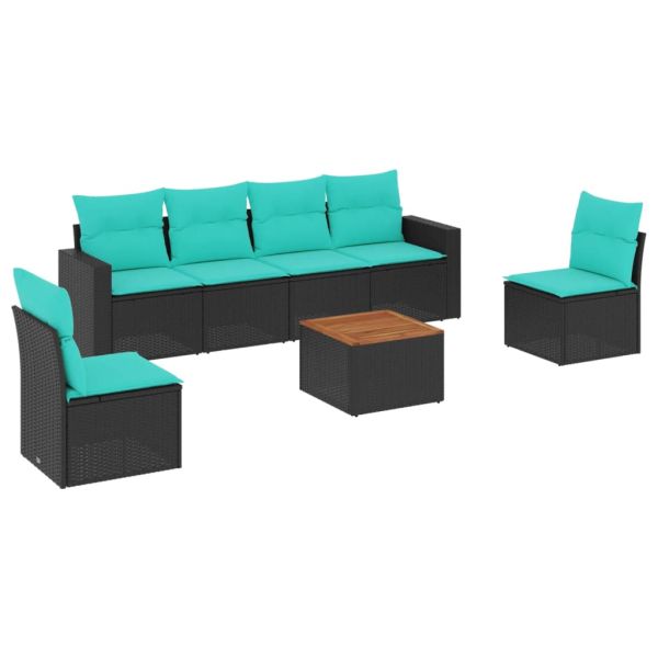 Градински комплект диван с възглавници 7 части черен полиратан