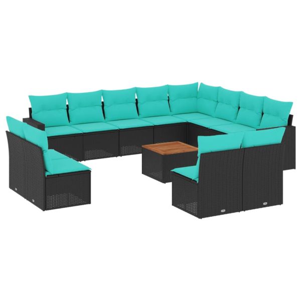 Градински диван с възглавници, 13 части, черен, полиратан