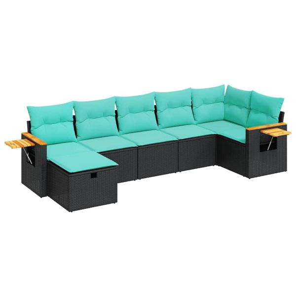 Градински комплект диван с възглавници 7 части черен полиратан