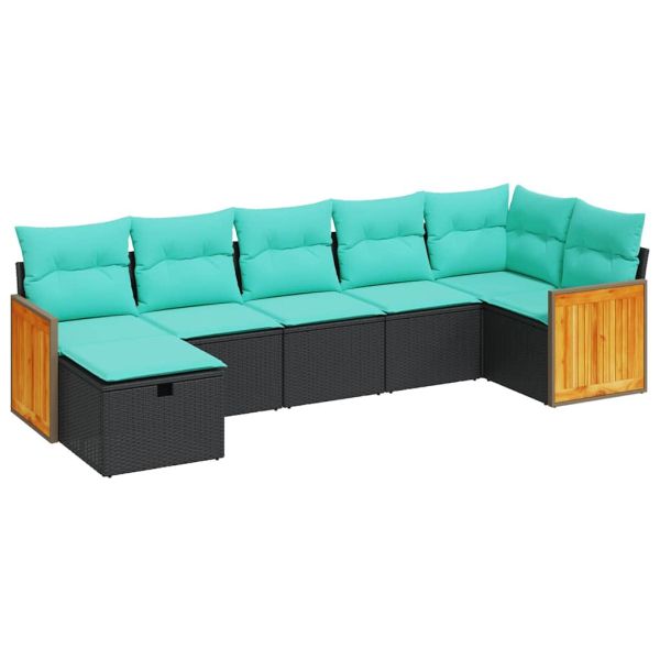 Градински комплект диван с възглавници 7 части черен полиратан