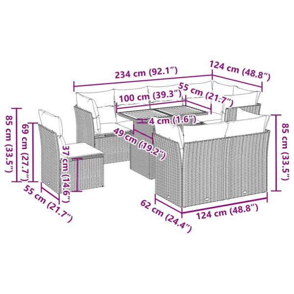 Градински комплект диван с възглавници 9 части черен полиратан
