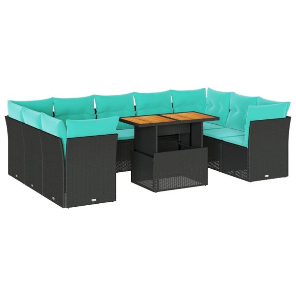 Градински комплект диван с възглавници 10 части черен полиратан