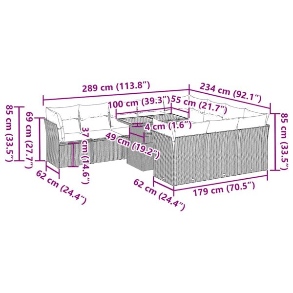 Градински комплект диван с възглавници 11 части черен полиратан
