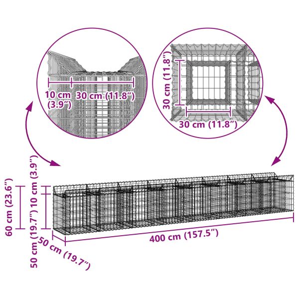 Габиона повдигнато легло 2 pcs Сребрист 400 x 50 x 60 см