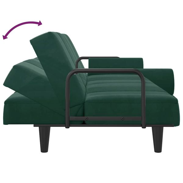 Разтегателно канапе с подлакътници, тъмнозелено, кадифе